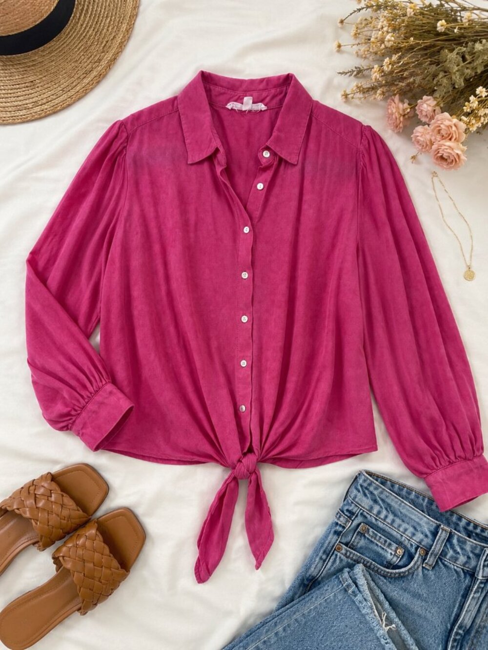 Jane + Delancey Pink Tie Front Button Front Blouse 100% Rayon Women's Medium